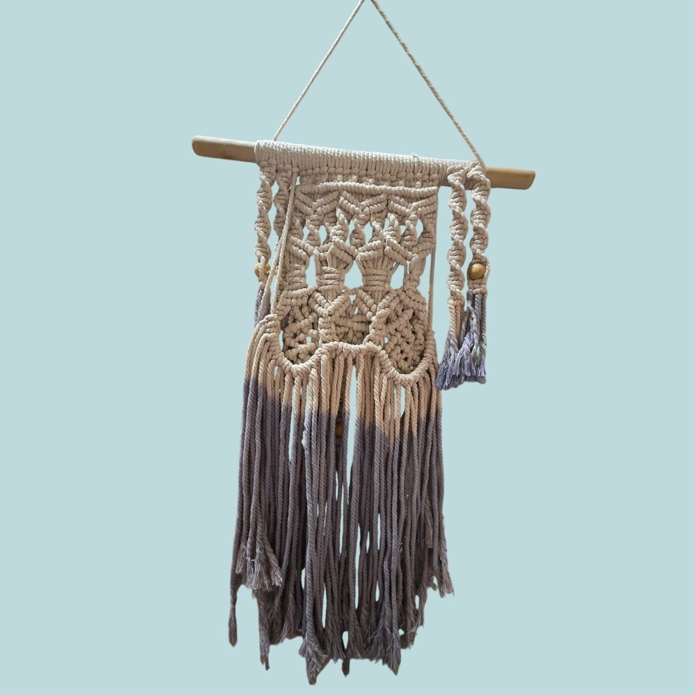 Boho Macrame Wall Hanging Dip Dye Lavender Purple Cream Cotton Fringe Wood Bead